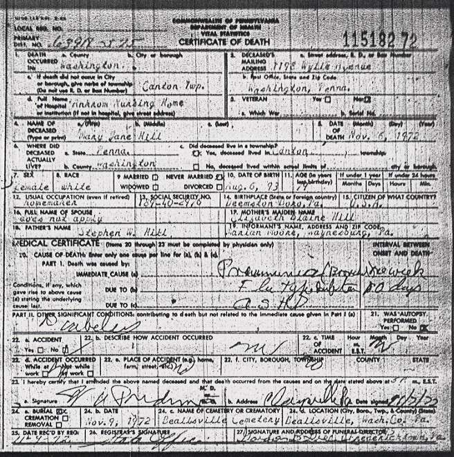 Mary Jane Hill death certificate